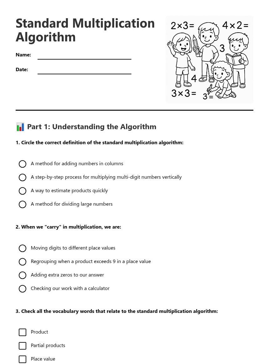 Standard Multiplication Algorithm worksheet preview