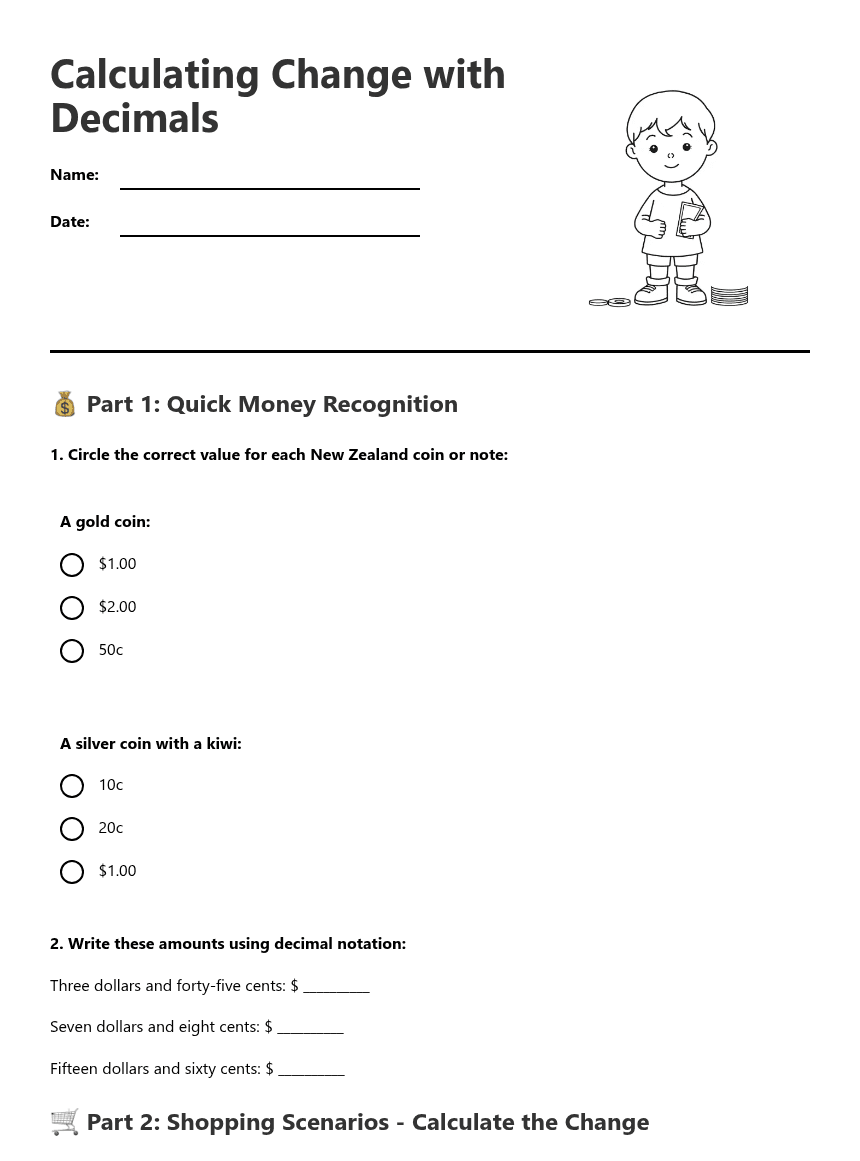 Calculating Change with Decimals worksheet preview