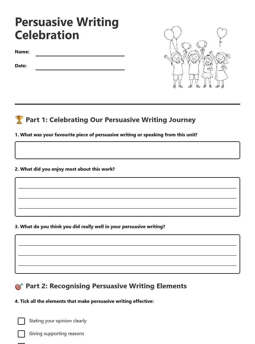 Persuasive Writing Celebration worksheet preview
