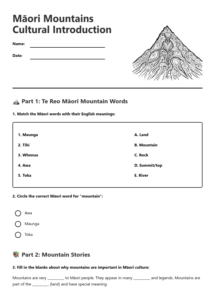 Māori Mountains Cultural Introduction worksheet preview