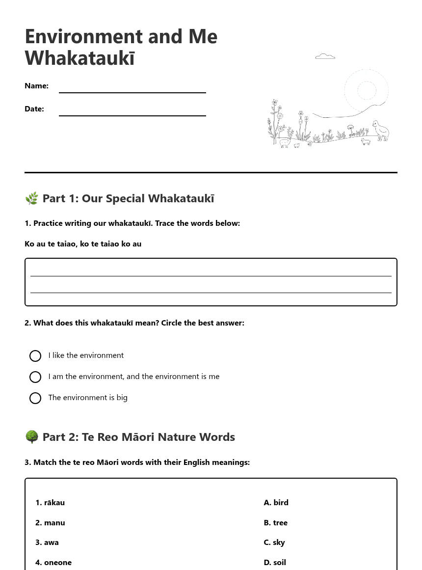 Environment and Me Whakataukī worksheet preview