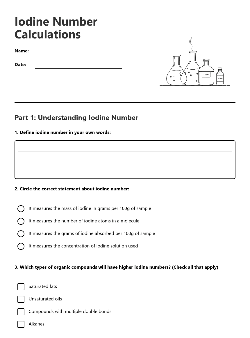 Iodine Number Calculations worksheet preview