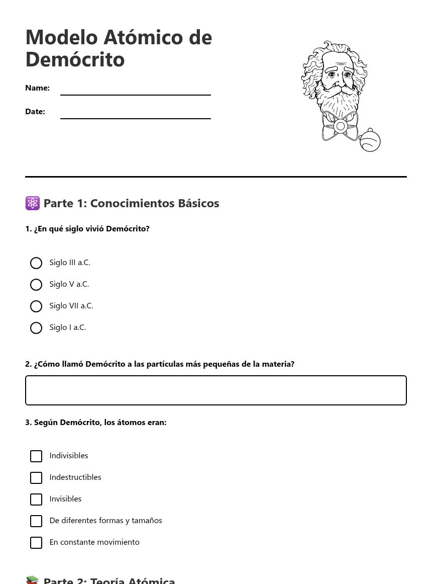 Modelo Atómico de Demócrito worksheet preview