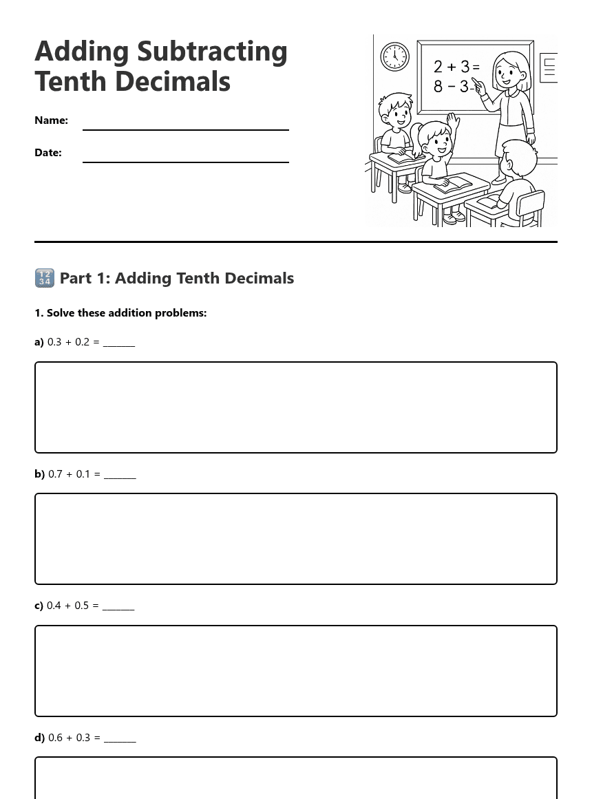 Adding Subtracting Tenth Decimals worksheet preview
