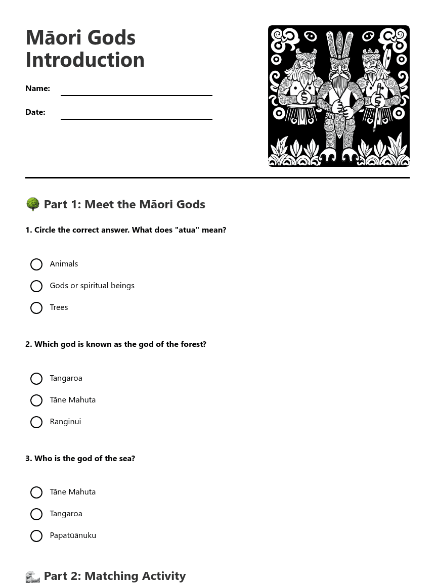 Māori Gods Introduction worksheet preview