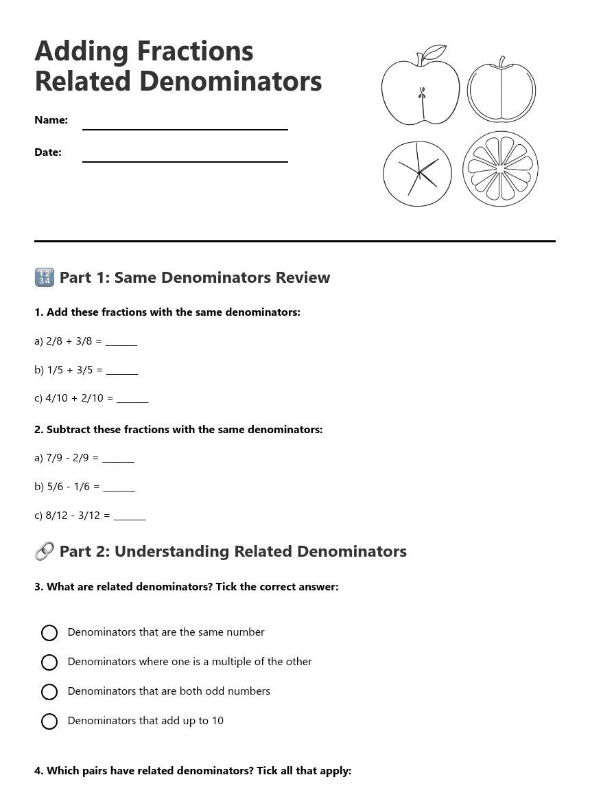 Adding Fractions Related Denominators worksheet preview