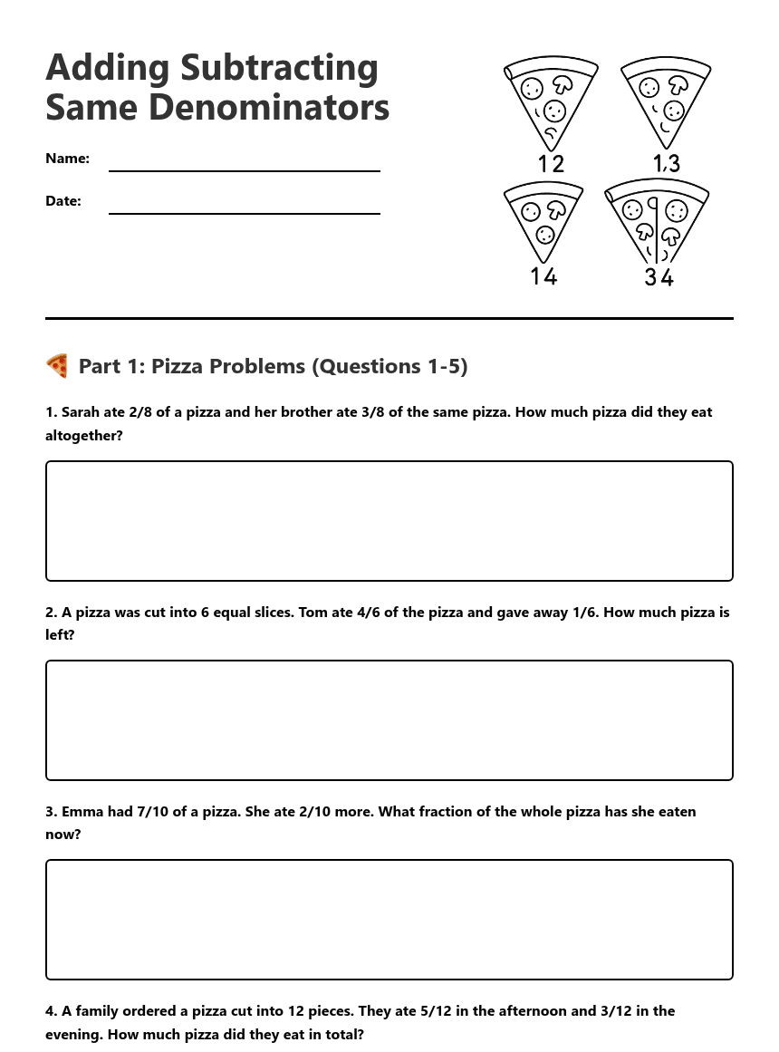 Adding Subtracting Same Denominators worksheet preview