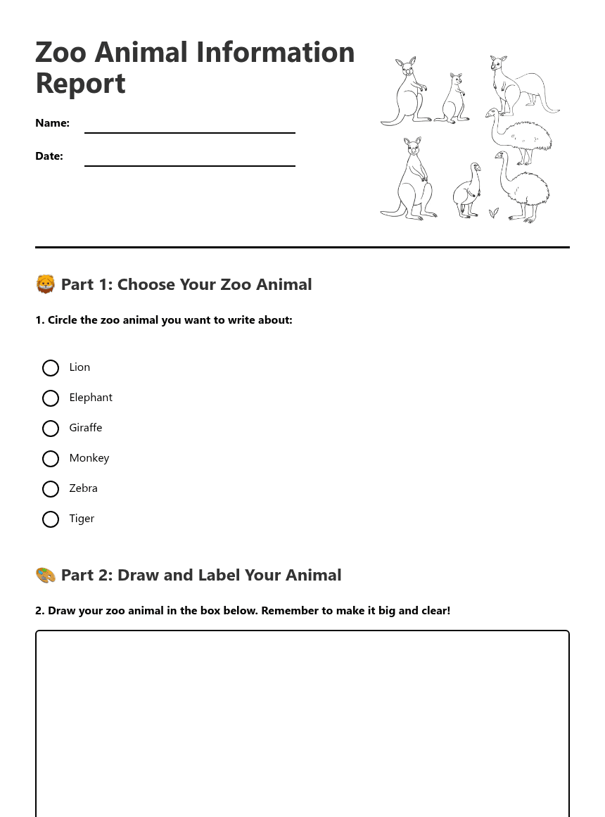 Zoo Animal Information Report worksheet preview