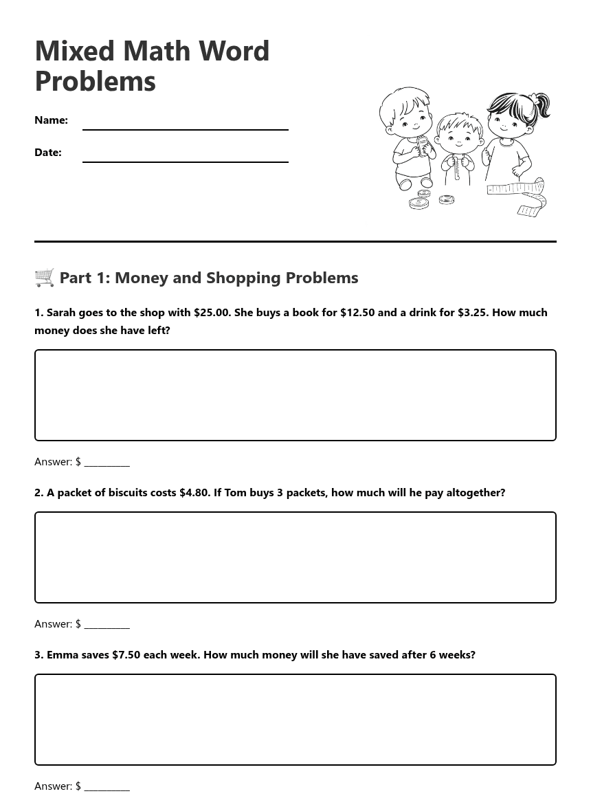 Mixed Math Word Problems worksheet preview
