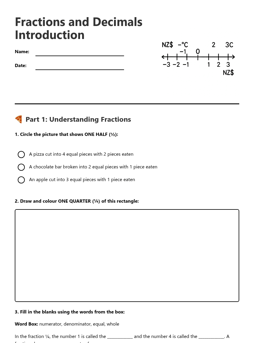 Fractions and Decimals Introduction worksheet preview