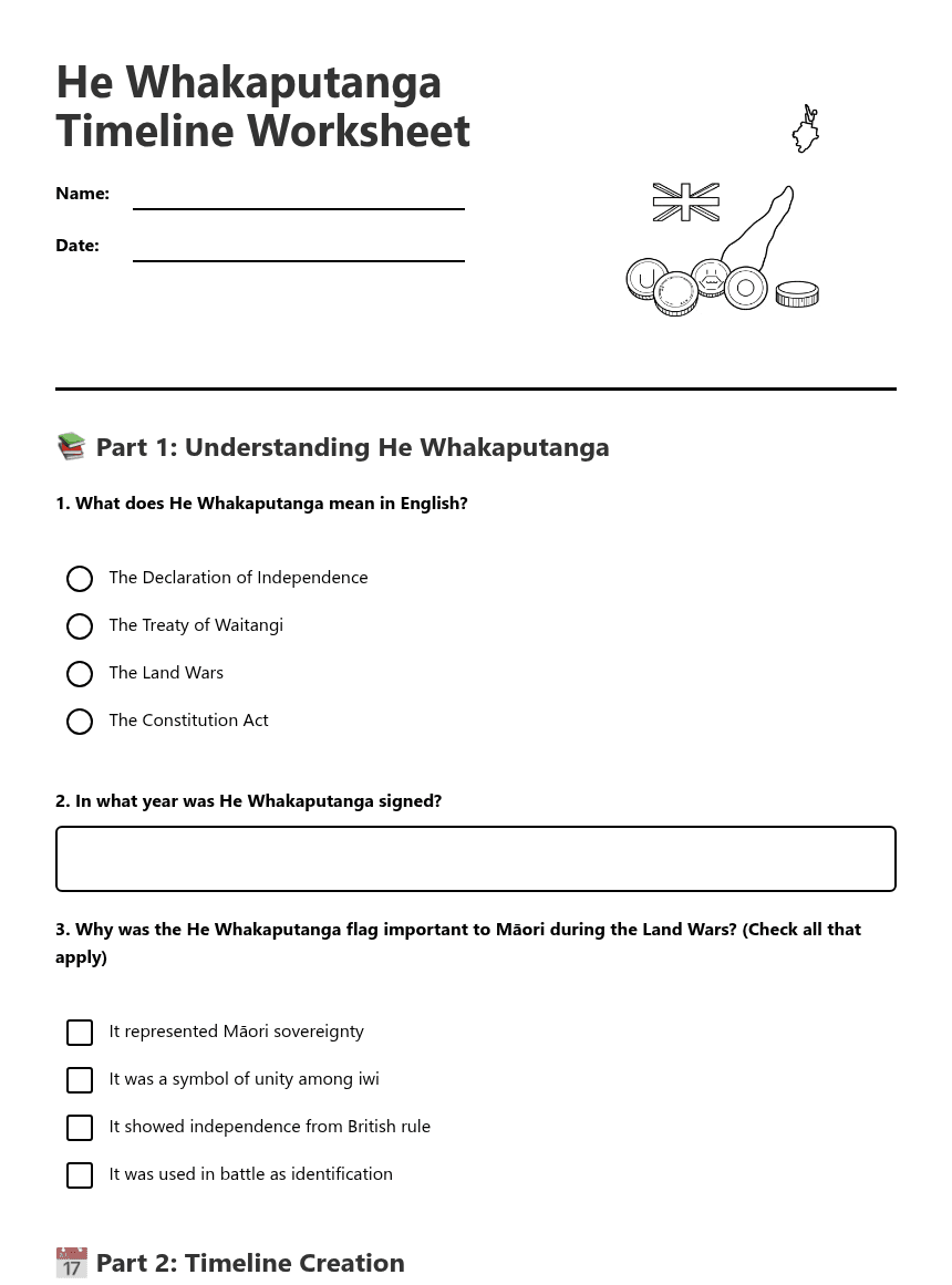 He Whakaputanga Timeline Worksheet worksheet preview