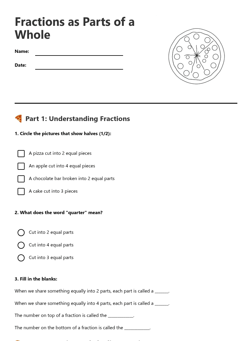 Fractions as Parts Whole worksheet preview