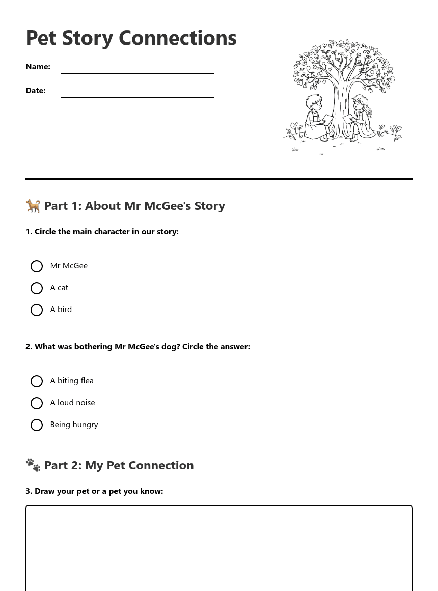 Pet Story Connections worksheet preview