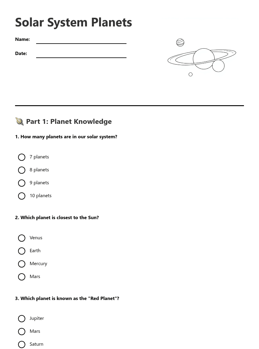 Solar System Planets worksheet preview