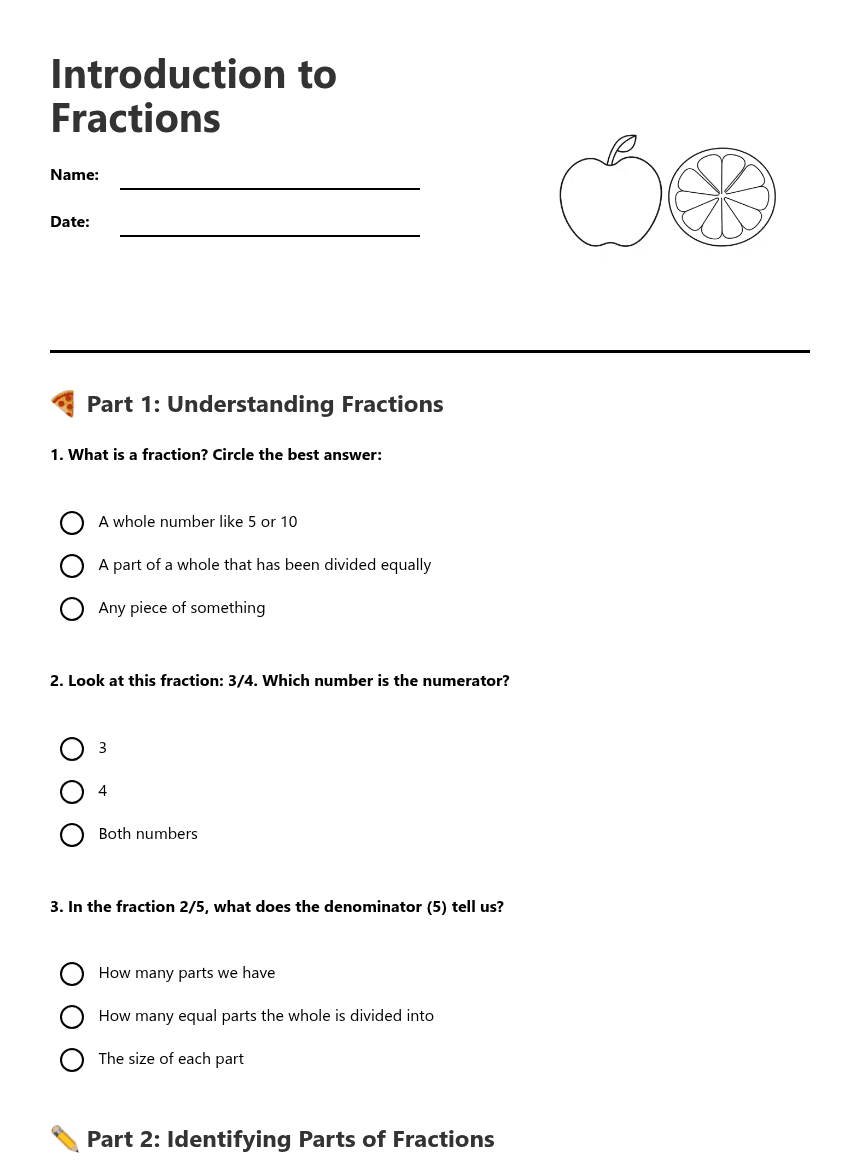 Introduction to Fractions worksheet preview