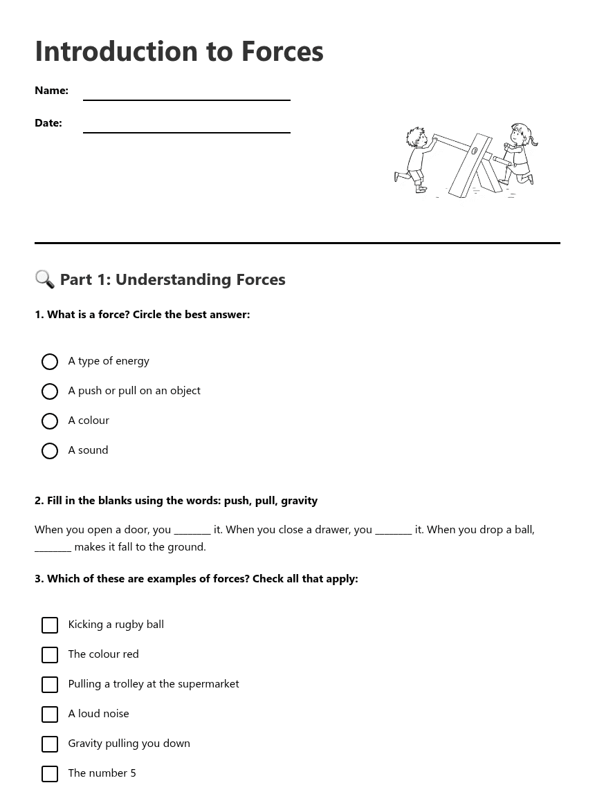 Introduction to Forces worksheet preview