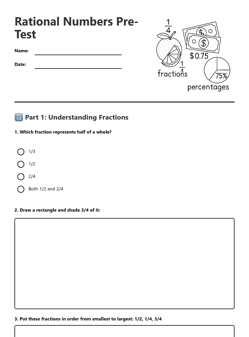 Rational Numbers Pre-Test worksheet preview