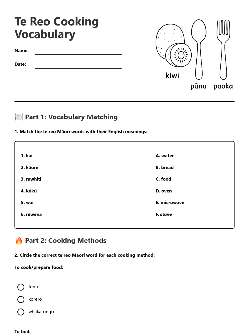 Te Reo Cooking Vocabulary worksheet preview