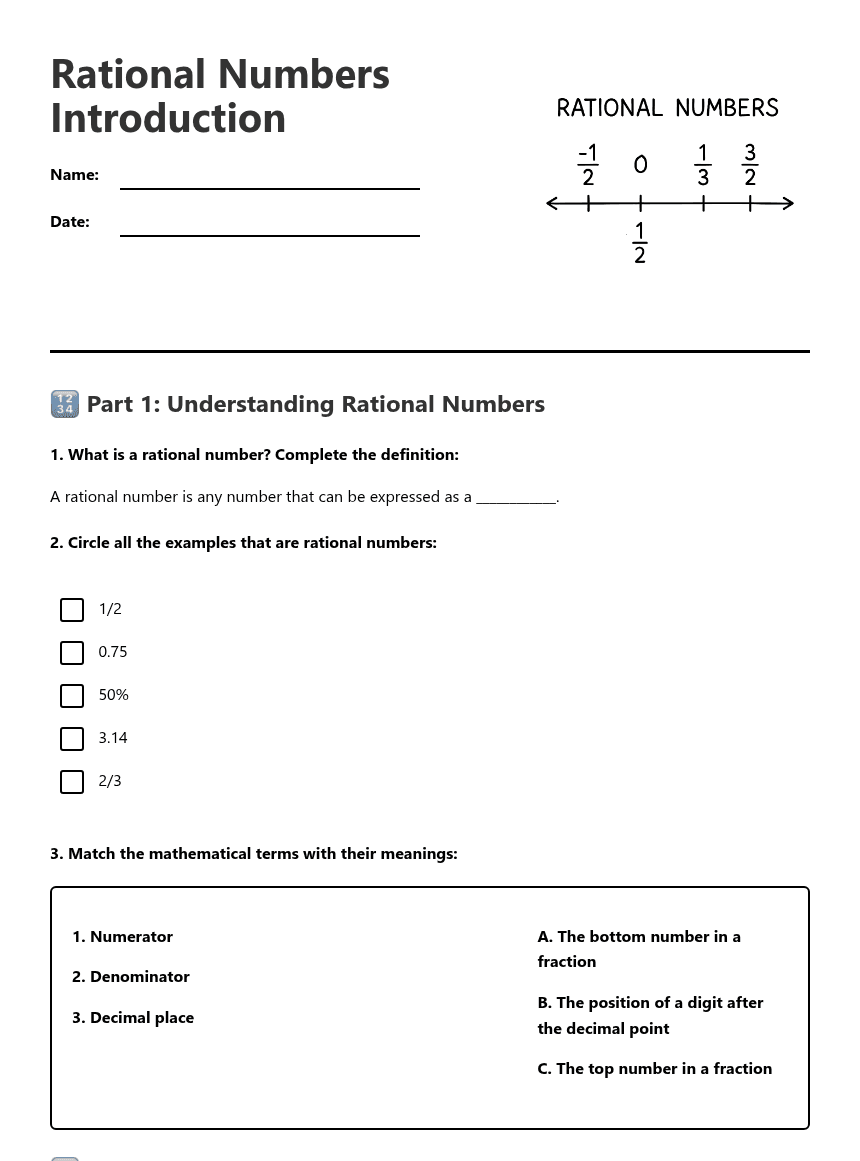Rational Numbers Introduction worksheet preview