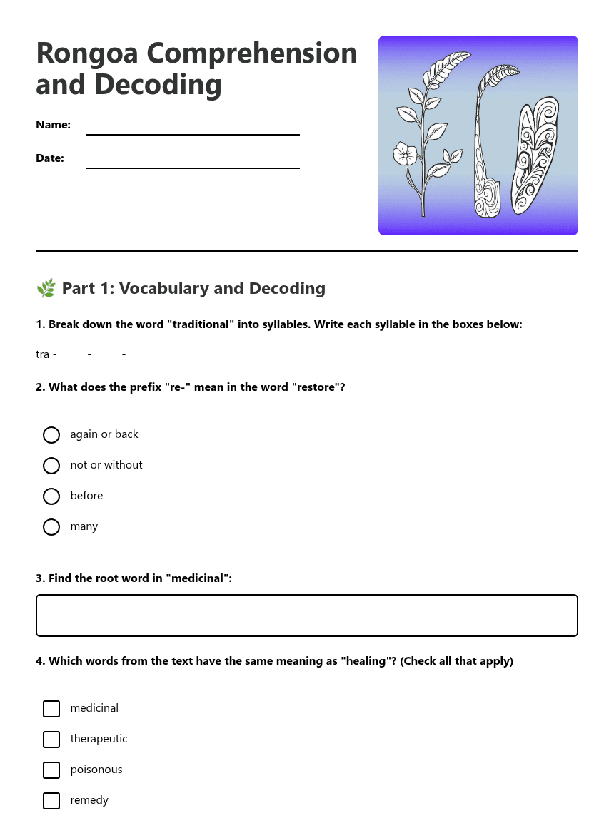 Rongoa Comprehension and Decoding worksheet preview