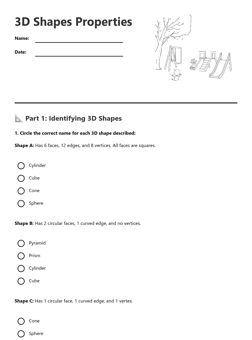 3D Shapes Properties worksheet preview