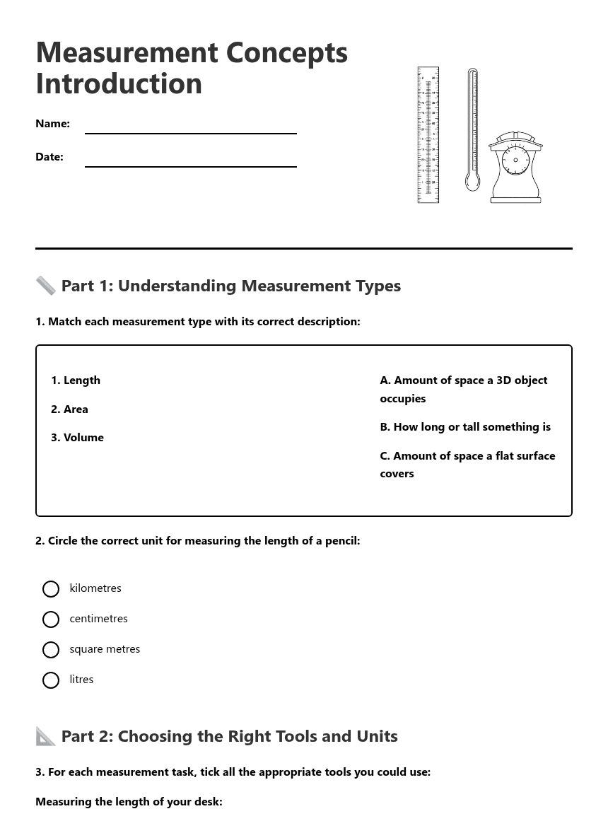 Measurement Concepts Introduction worksheet preview