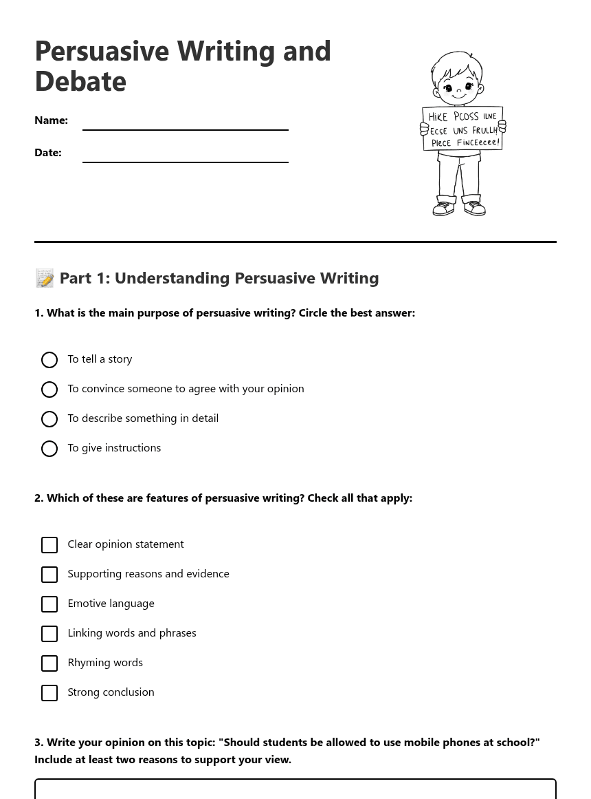 Persuasive Writing and Debate worksheet preview
