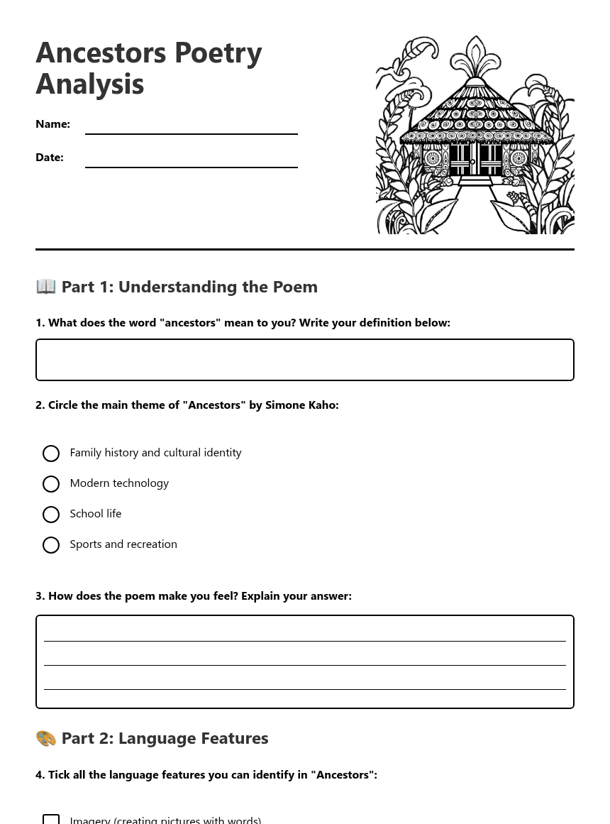 Ancestors Poetry Analysis worksheet preview