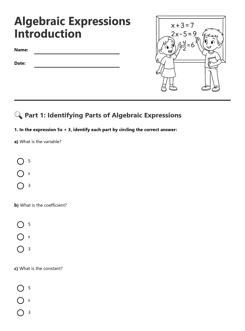 Algebraic Expressions Introduction worksheet preview