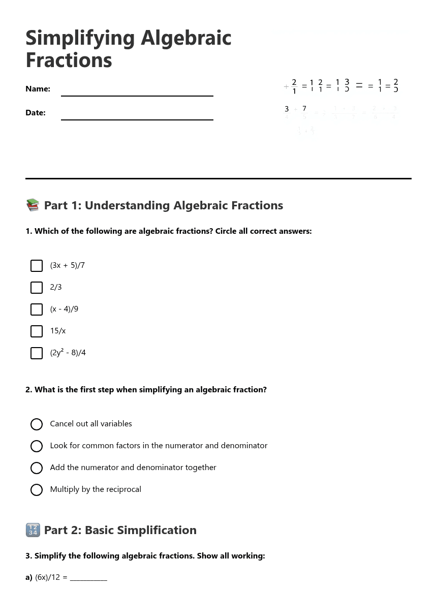 Simplifying Algebraic Fractions worksheet preview