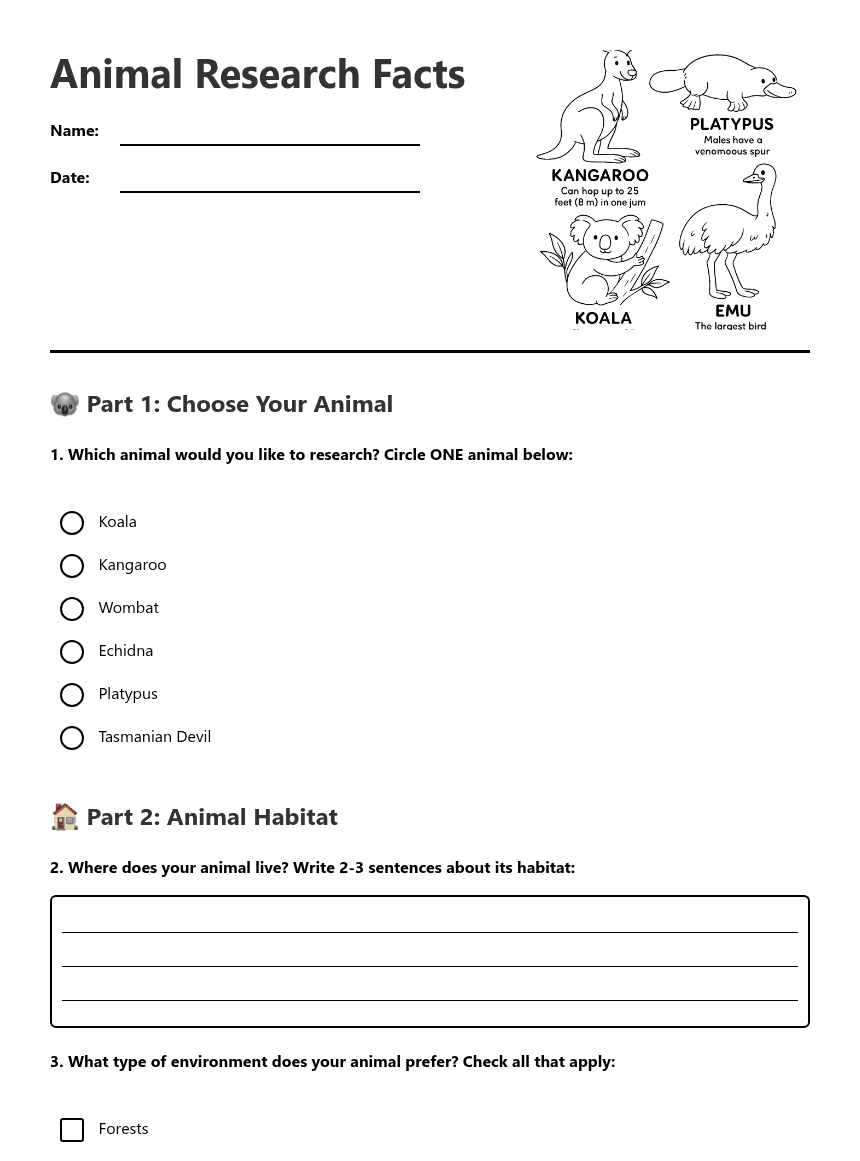 Animal Research Facts worksheet preview
