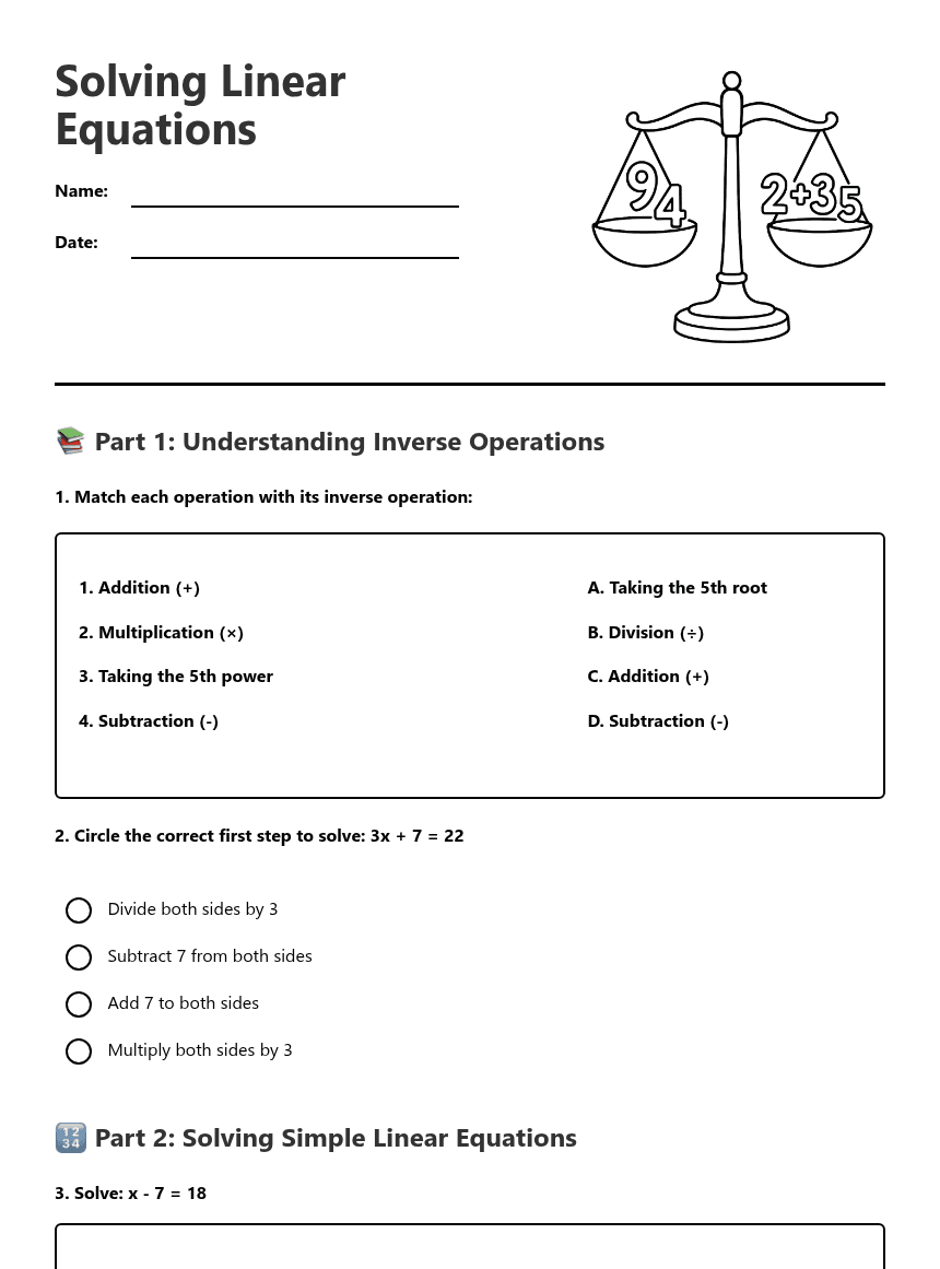 Solving Linear Equations worksheet preview