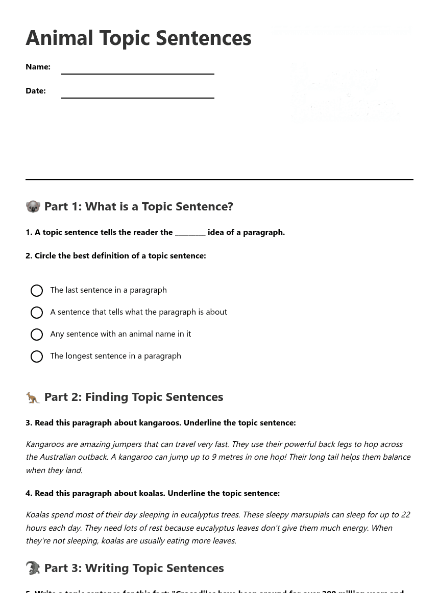 Animal Topic Sentences worksheet preview
