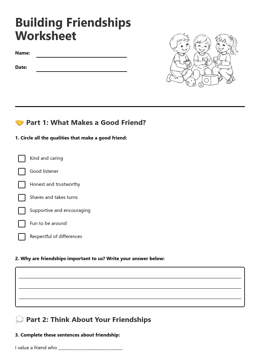 Building Friendships Worksheet worksheet preview