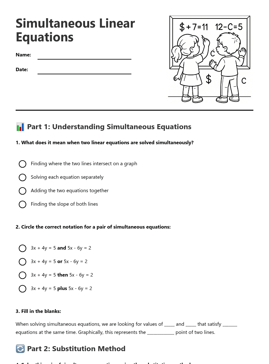 Simultaneous Linear Equations worksheet preview