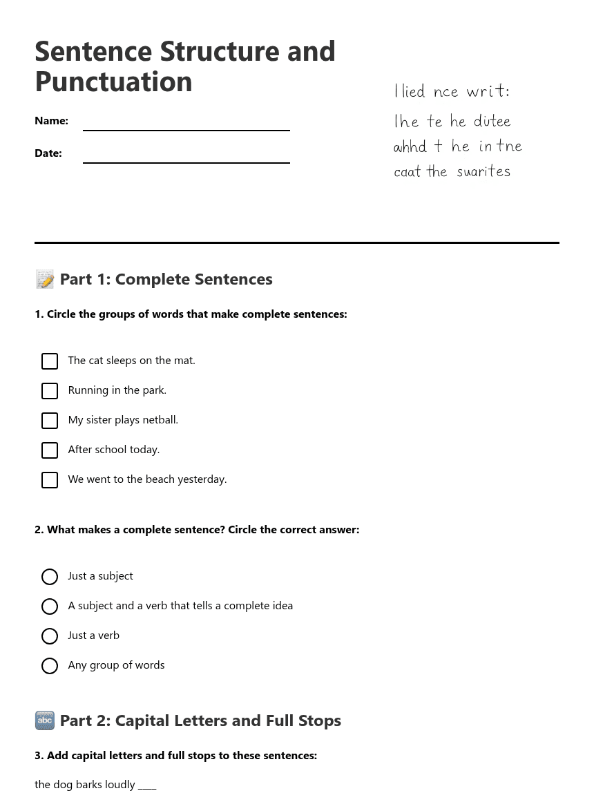 Sentence Structure and Punctuation worksheet preview