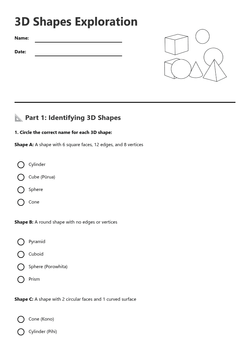 3D Shapes Exploration worksheet preview