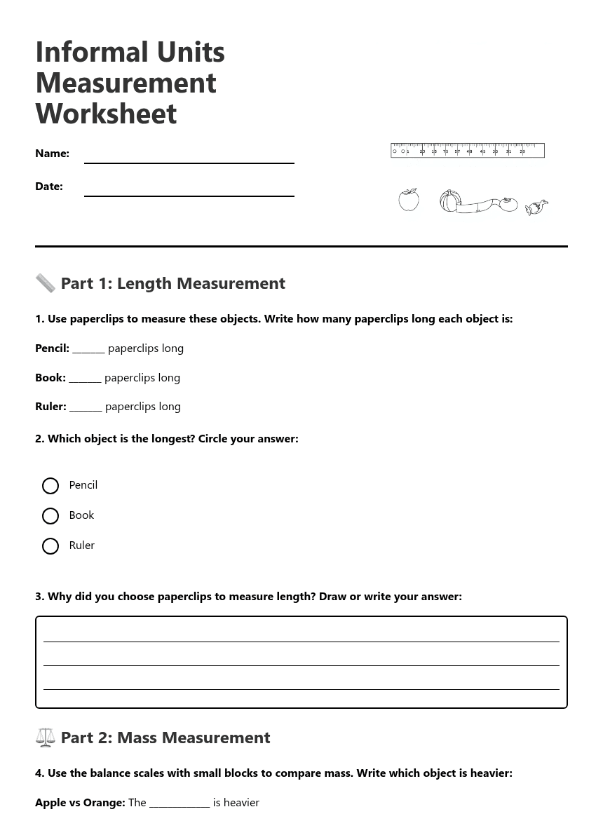 Informal Units Measurement Worksheet worksheet preview