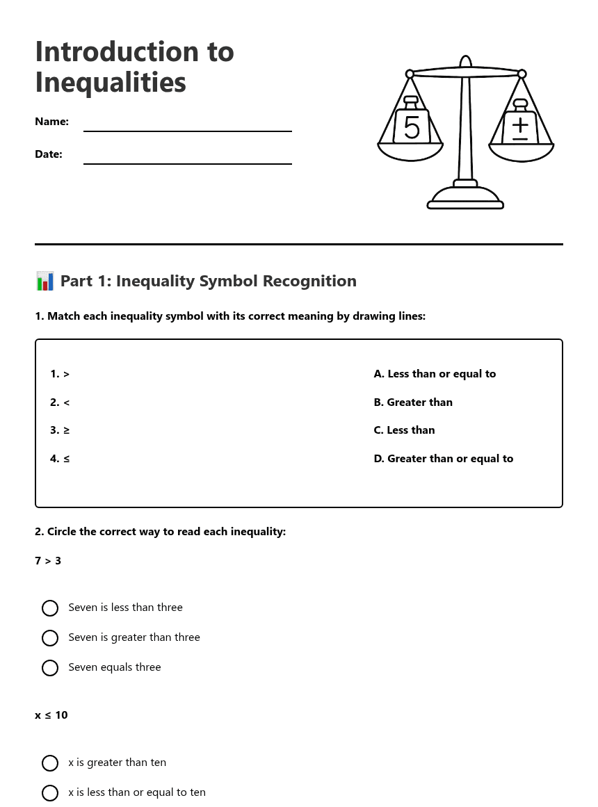 Introduction to Inequalities worksheet preview