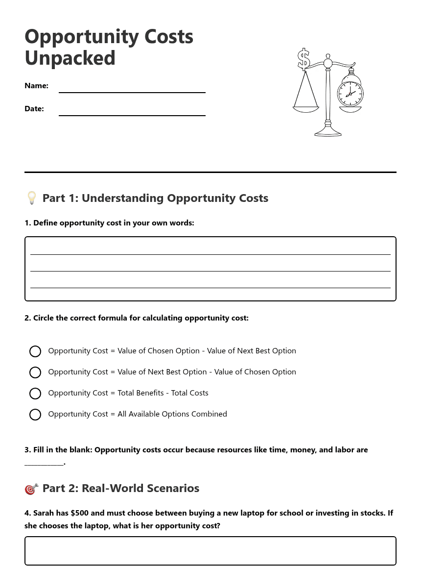 Opportunity Costs Unpacked worksheet preview