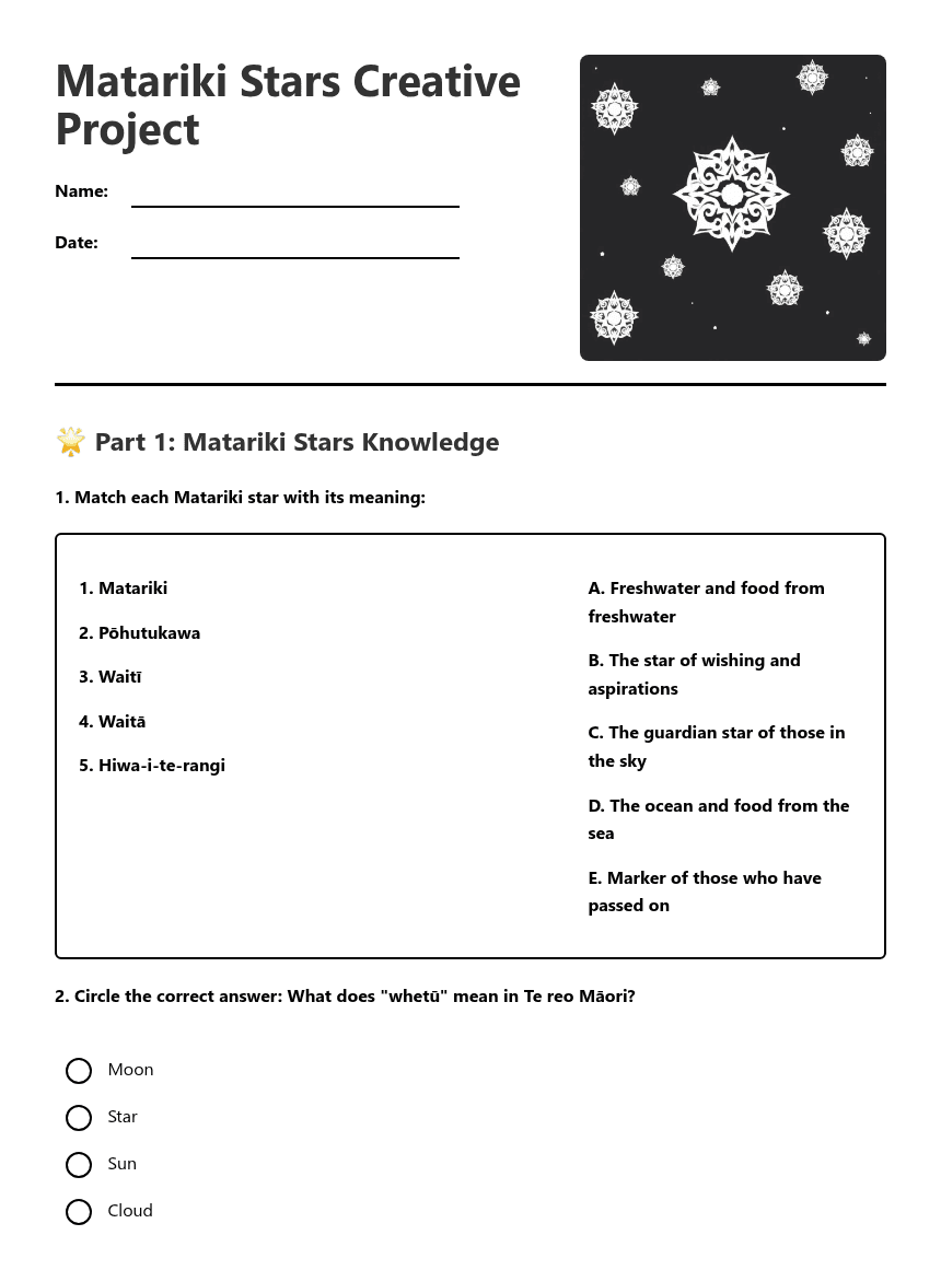 Matariki Stars Creative Project worksheet preview