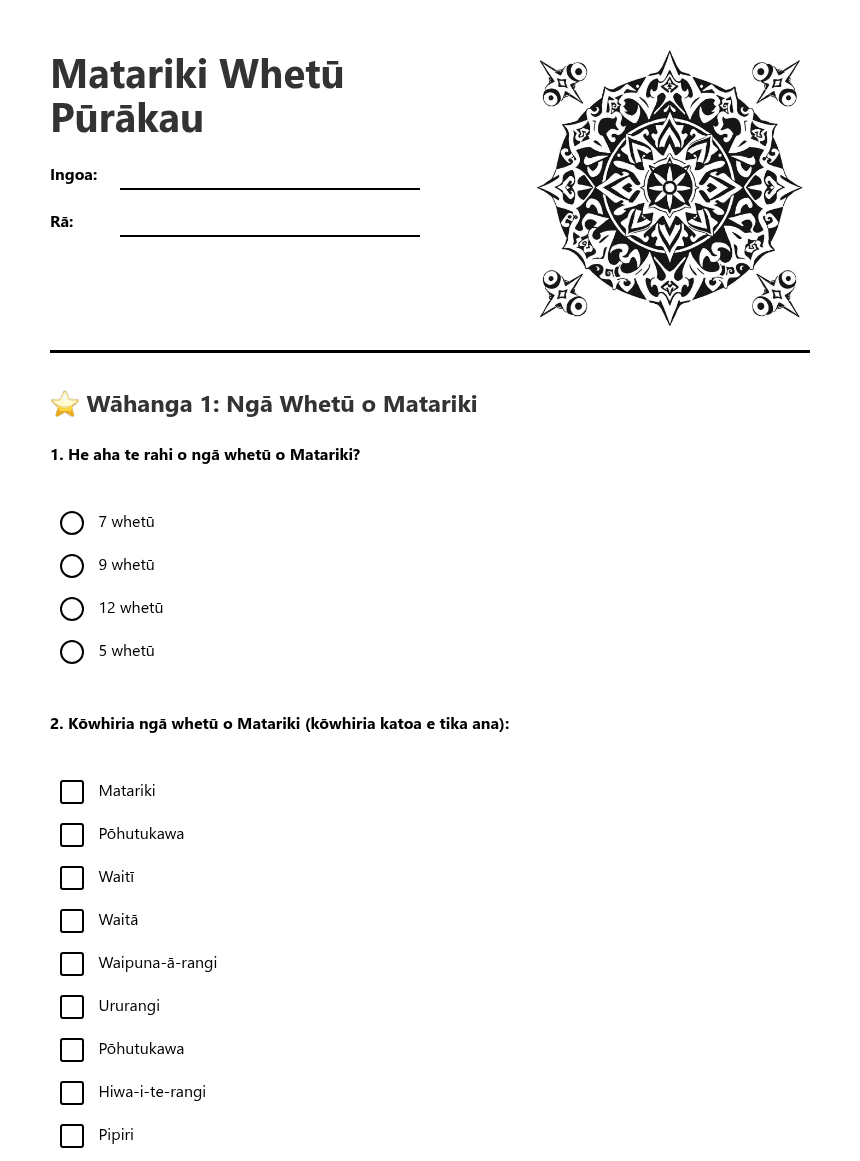 Matariki Whetū Pūrākau worksheet preview