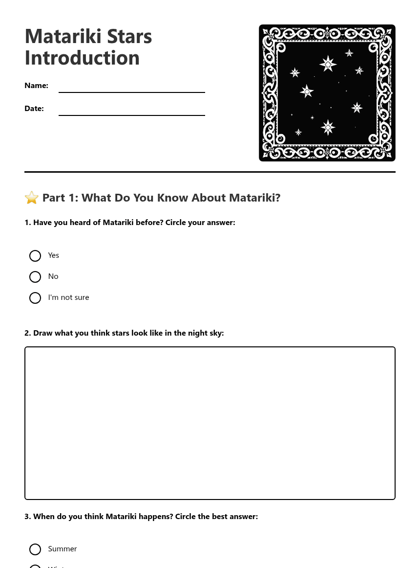 Matariki Stars Introduction worksheet preview