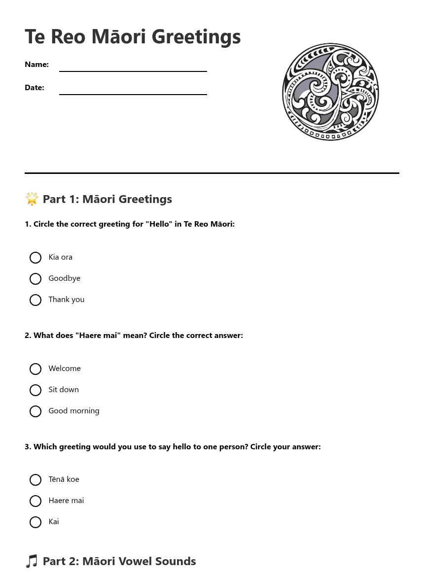 Te Reo Māori Greetings worksheet preview