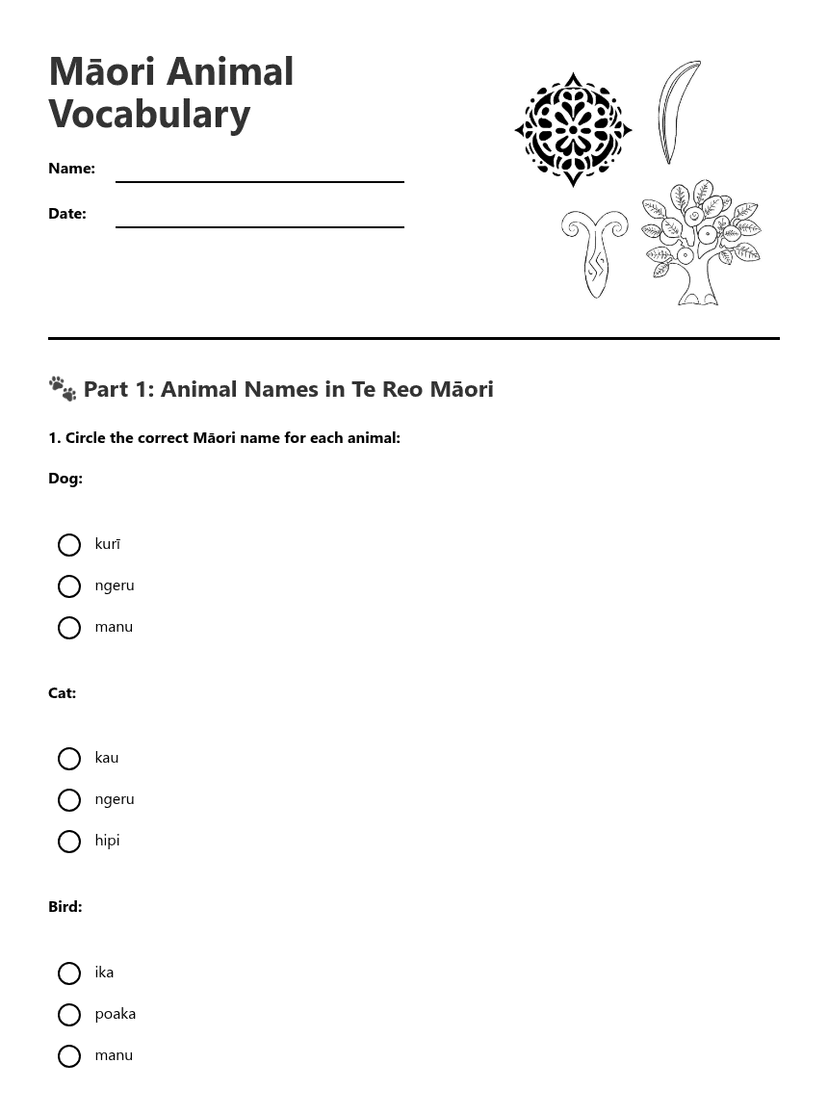 Māori Animal Vocabulary