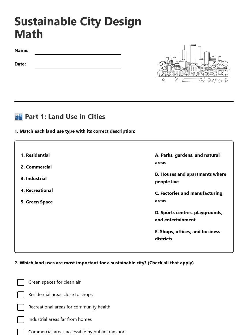 Sustainable City Design Math worksheet preview