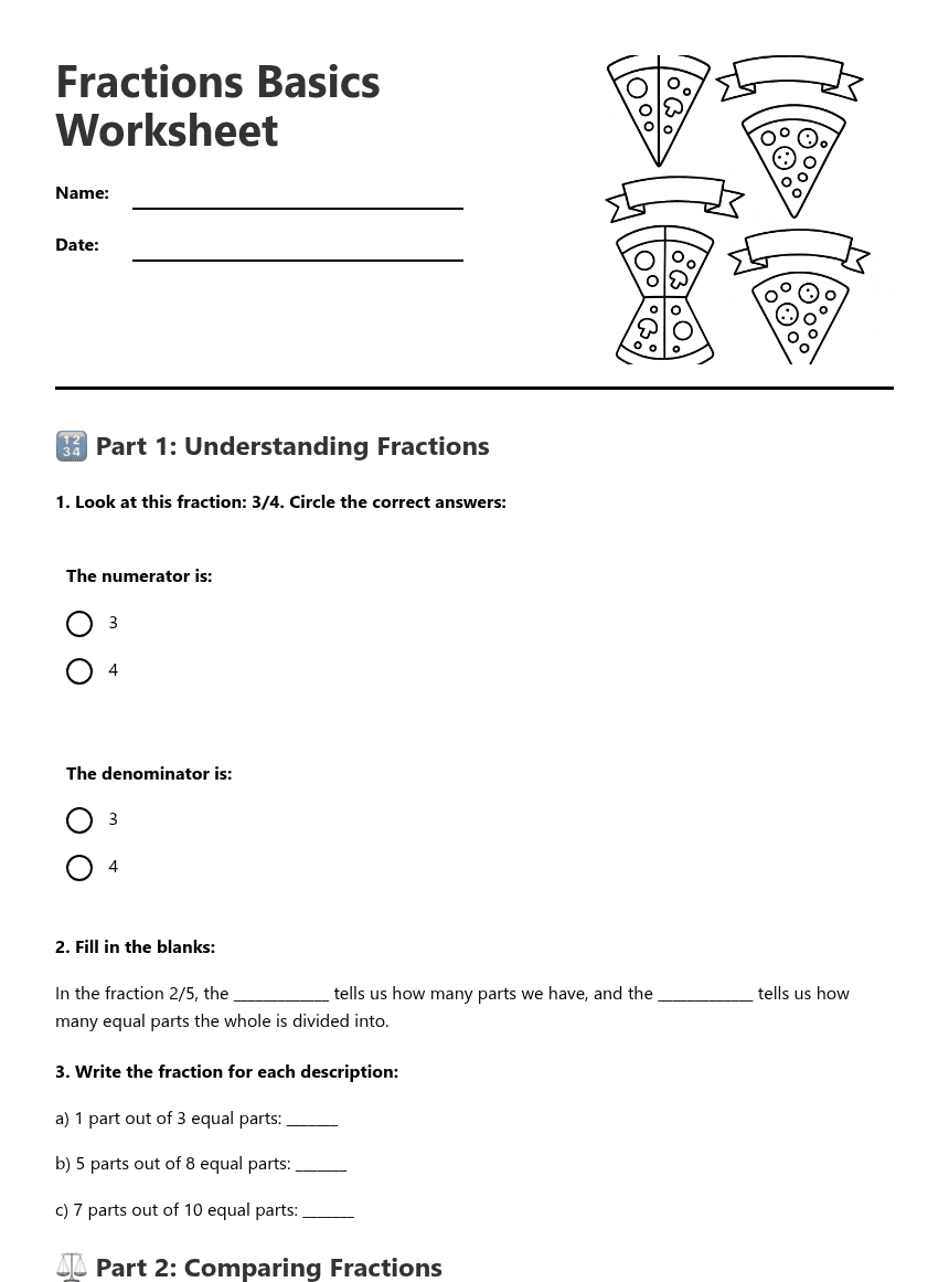 Fractions Basics Worksheet worksheet preview