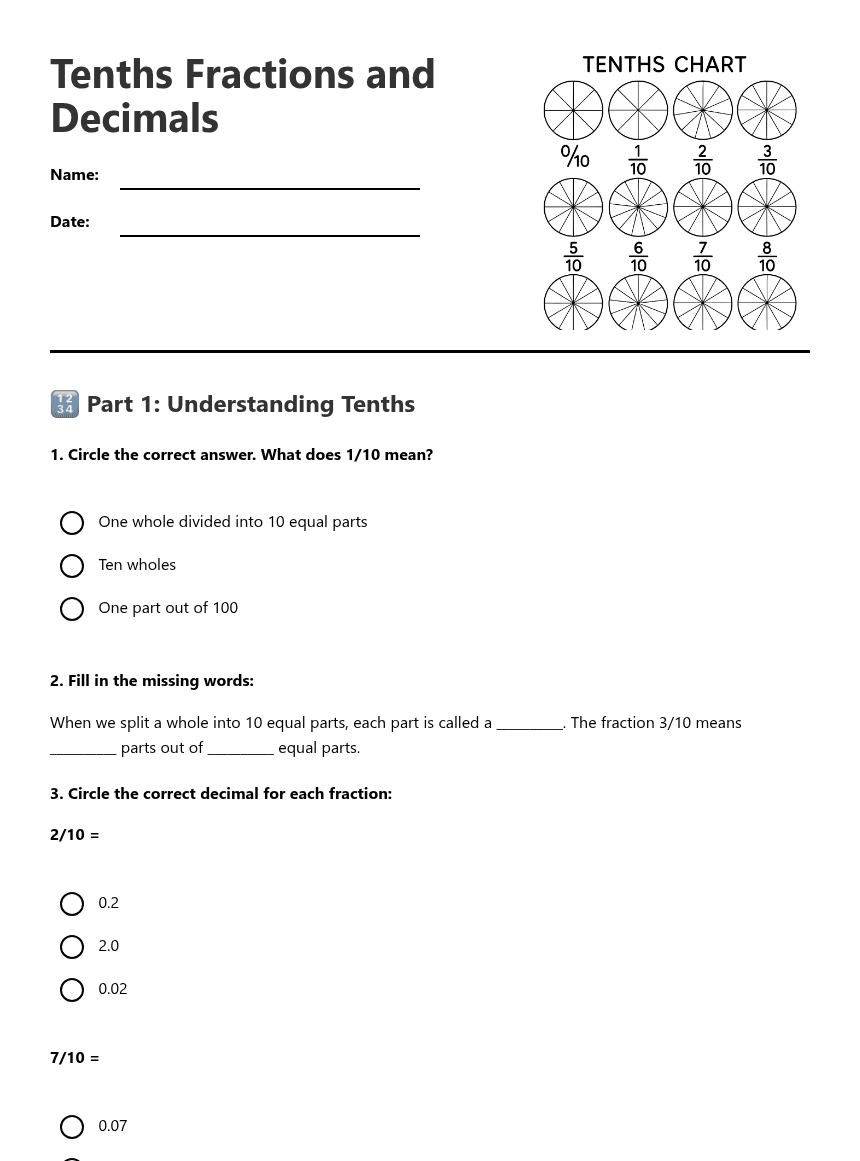 Tenths Fractions and Decimals worksheet preview
