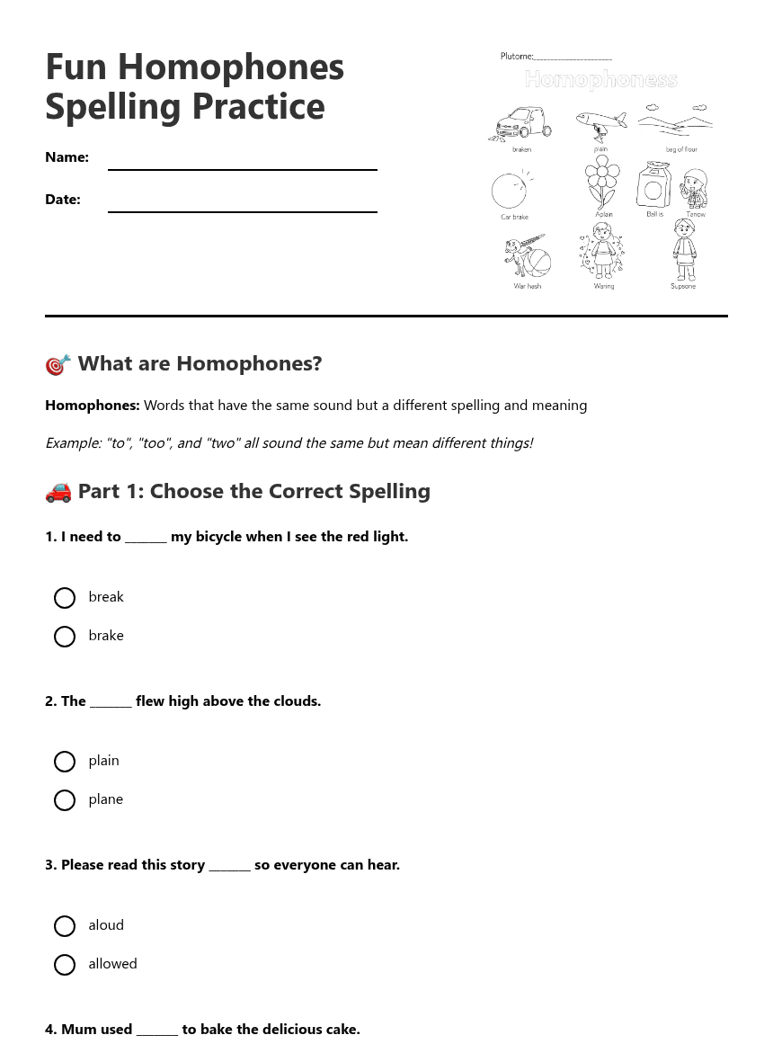Fun Homophones Spelling Practice worksheet preview