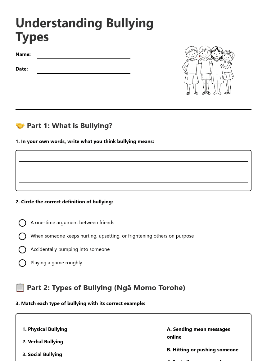 Understanding Bullying Types worksheet preview